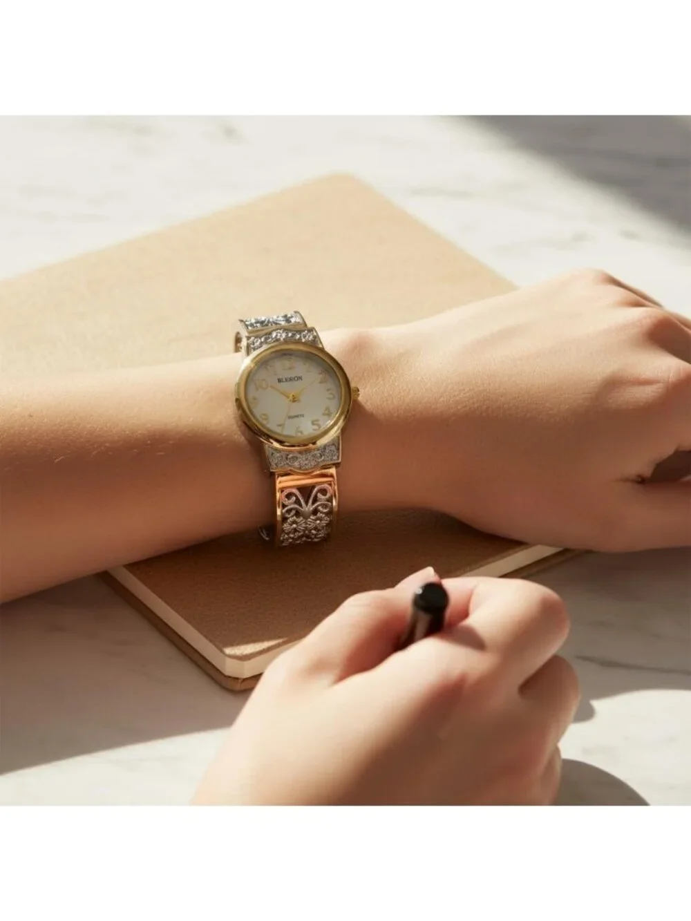 Women's Two-Tone Japanese Quart 28mm Case Elegantly Designed Cuff Bangle Watch